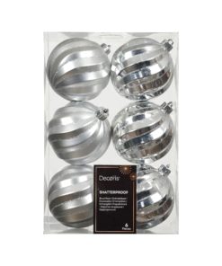 pakke med seks styk plastik julekugler i sølv med riller og glitter i ø 8 centimeter