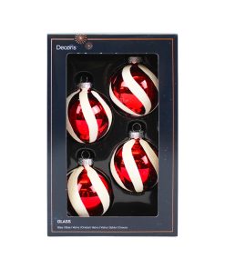 fire styk røde blanke glas julekugler med hvide bolche striber fra øverst til nederst på kuglen