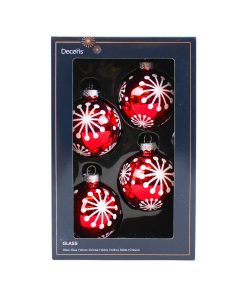 fire styk røde blanke glas julekugler med hvide glitter is krystaller rundt om på julekuglen