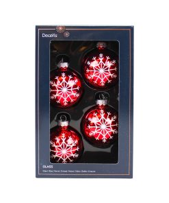 fire styk røde blanke glas julekugler med hvide glitter stjerne snefnug rundt om på julekuglen