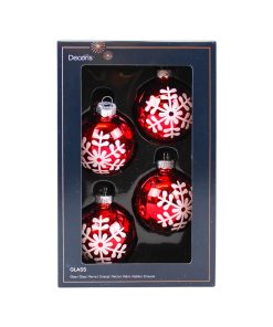 fire styk røde blanke glas julekugler med hvide glitter snefnug rundt om på julekuglen