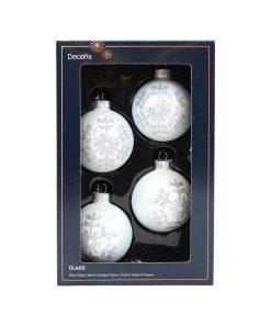 fire styk hvide blanke glas julekugler med sølv glitter snefnug rundt om på julekuglen