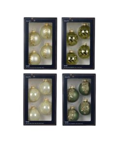 fire styk grønne matte glas julekugler med guld glitter blade rundt om på julekuglen
