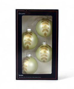 fire styk lysegrønne matte glas julekugler med guld glitter blade rundt om på julekuglen