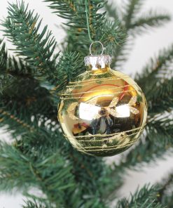 flotte grønne blanke og matte glas julekugler med guld glitter streger og blade rundt om på julekuglen