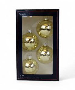fire styk grønne blanke glas julekugler med guld glitter streger og blade rundt om på julekuglen