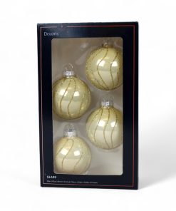 fire styk lysegrønne blanke glas julekugler med guld glitter streger rundt om på julekuglen
