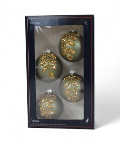 fire styk grønne matte glas julekugler med guld glitter blade rundt om på julekuglen