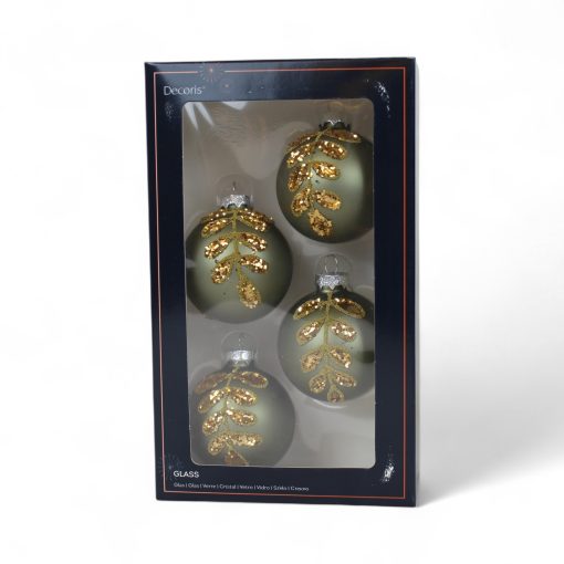 fire styk grønne matte glas julekugler med guld glitter blade rundt om på julekuglen