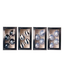 fire styk blå blanke glas julekugler med hvide bolche striber fra øverst til nederst på kuglen