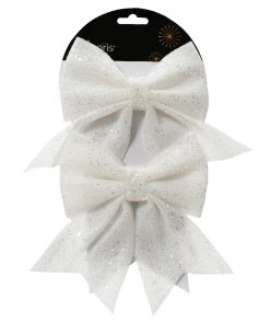 2 styk flot færdigbundne glitrende hvide sløjfer i på 15 x 17 centimeter