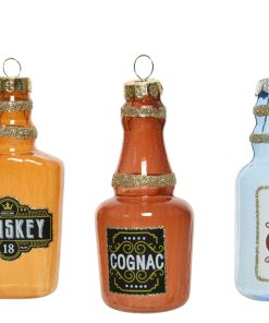 3 styk flasker i glas til ophæng på juletræ med gin, whiskey og cognac