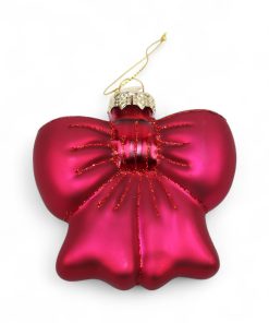 glas julekugle sløjfe i rød farve med øje i toppen til ophæng der måler 8,2 x 8,5 x 3,9 centimeter