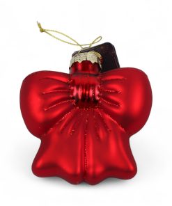 glas julekugle sløjfe i mørkerød farve med øje i toppen til ophæng der måler 8,2 x 8,5 x 3,9 centimeter