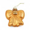 glas julekugle sløjfe i guld farve med øje i toppen til ophæng der måler 8,2 x 8,5 x 3,9 centimeter