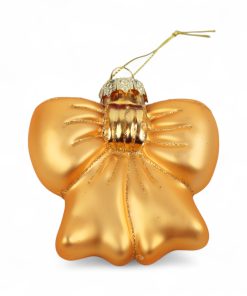 glas julekugle sløjfe i guld farve med øje i toppen til ophæng der måler 8,2 x 8,5 x 3,9 centimeter