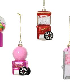 ø9 centimeter glasfigur julekugle som rød og hvid popkornmaskine