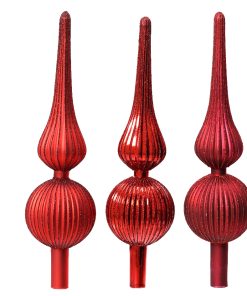 sæt med tre mundblæste topspir i glas i farven rød med glitter riller og diameter ø8