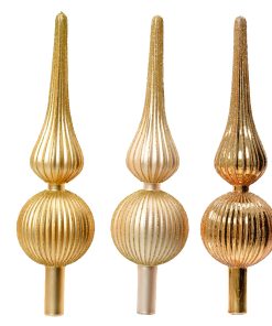 sæt med tre mundblæste topspir i glas i farven guld/perlemor med glitter riller og diameter ø8