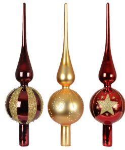 sæt med tre topspir i glas i farverne rød og guld med dekoration og glitter i guld