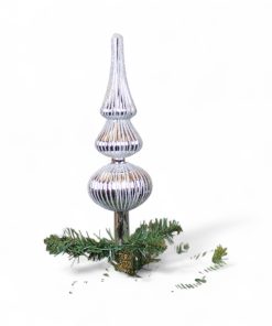 31 centimeter blank sølvfarvet glas spir med mellem kugle og glitter striber