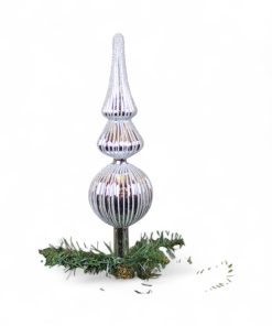 31 centimeter blank sølvfarvet glas spir med stor kugle og glitter striber