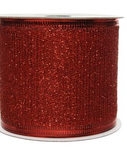 rødt dekorationsbånd med glitter og metaltråd til dekorationer bredde 6,3 centimeter