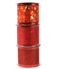 2,7 meter rødt dekorationsbånd med glitter og metaltråd bredde 6,3 centimeter
