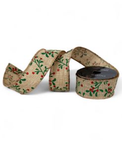 Dekorationsbånd 3,8 cm bred med tråd, brun med grene med bær, 2 m.