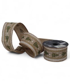 dekorationsbånd med tråd i beige med hvide blade 25 millimeter x 2,5 meter