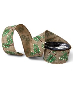 dekorationsbånd med tråd i beige med grønne grangrene med hvid sne 40 millimeter x 2,7 meter