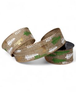 dekorationsbånd med tråd i beige farve med mønster af juletræer og kronhjort 40 millimeter x 2,7 meter