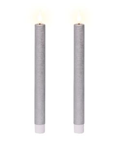 2 styk 24,5 centimeter højt og ø2,2 diameter sølvfarvede led stagelys med flad top og voksoverflade