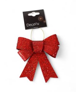 rød plastik sløjfe med grønt glimmer færdigfoldede klar som julepynt