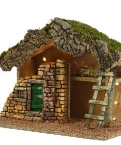 stald med stige og led lys lavet af naturmaterialer der måler 32 x 17 x 24 centimeter