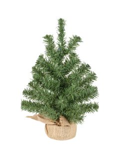 kunstigt grønt juletræ i jutepotte der måler 35 centimeter og diameter 25 centimeter
