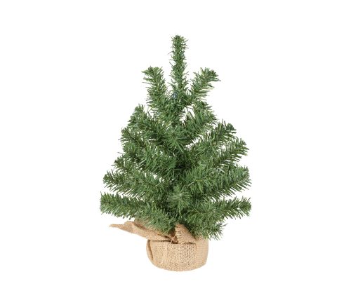 kunstigt grønt juletræ i jutepotte der måler 35 centimeter og diameter 25 centimeter