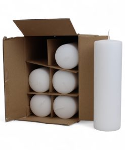kasse med 6 styk store hvide bloklys på 25 x 7,8 centimeter i diameter og 144 brændetimer
