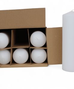 kasse med 6 styk store hvide bloklys med kinatop på 25 x 7,8 centimeter i diameter
