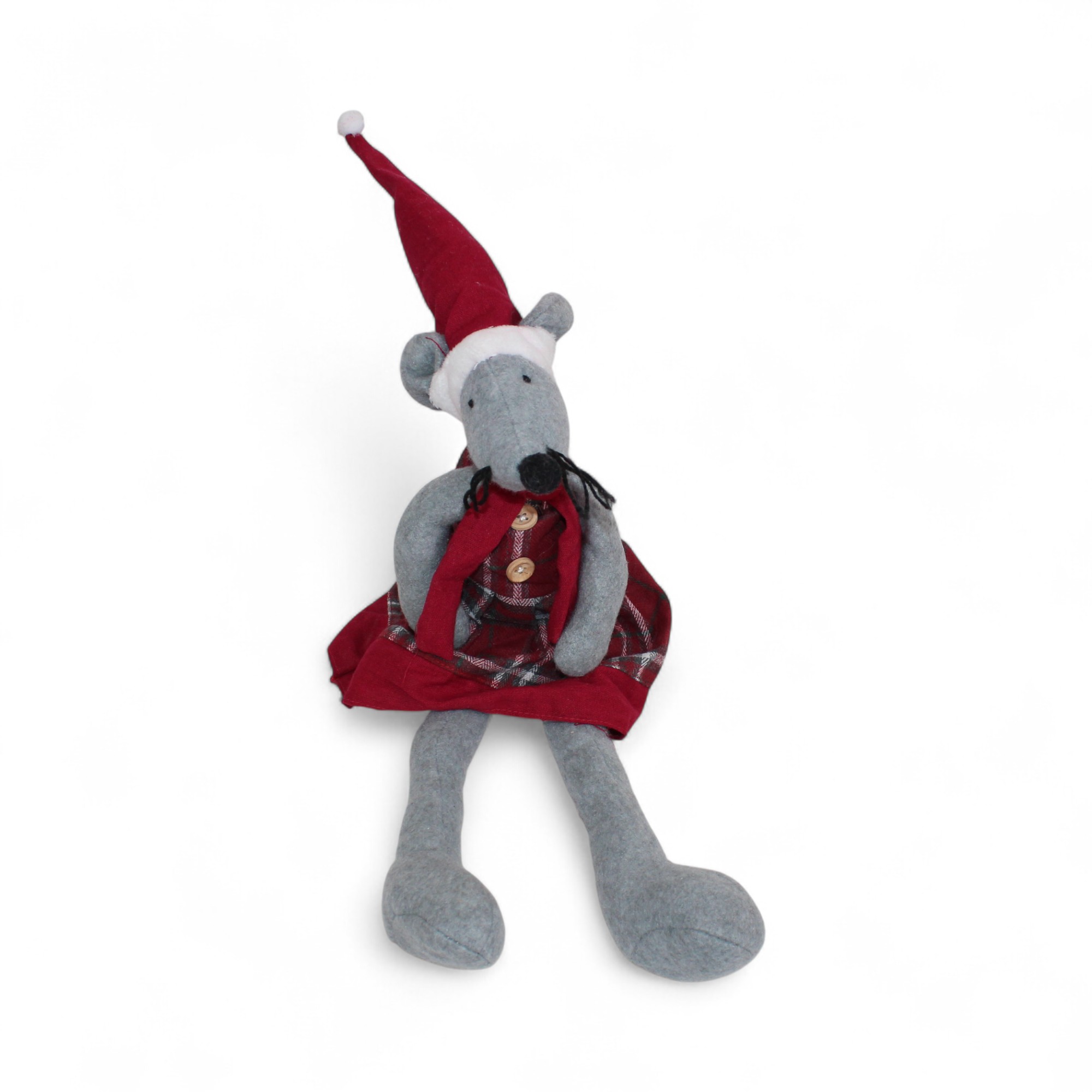 50 centimeter lang grå julemus med hængeben i rødternet kjole og nissehue