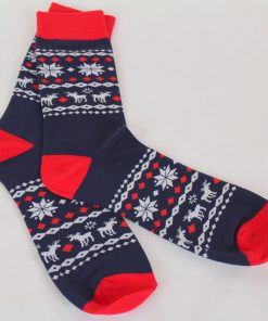 julestrømper i blå, røde og hvide farver med julemotiver i størrelse 40/41 – 47