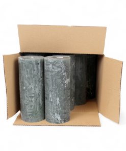 kasse med 9 styk grønne rustikke bloklys 15 centimeter høje og 6 centimeter i diameter gennemfarvede