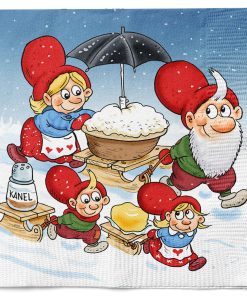 20 styk børnevenlige blå juleservietter med julius og hans familie med risengrød