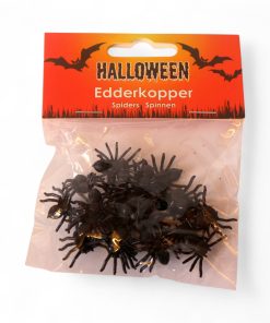 24 styk små sorte plastik edderkopper til brug til halloween på 2 centimeter