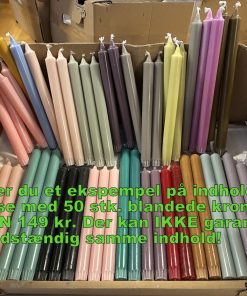 halvtreds kronelys i forskellige farver og størrelser i en blandet kasse til ekstrem billig pris