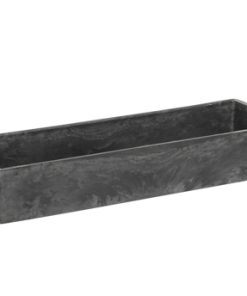 aflangt gråt plastik fad til dekorationer der måler 32 x 10,5 x 5 centimeter