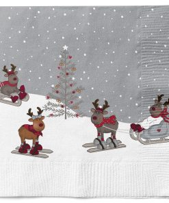 20 styk hvide juleservietter med sjove rensdyr på ski, kane og kælk i sneen