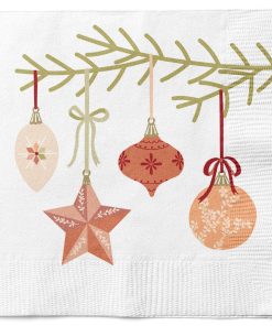 20 styk hvide servietter til jul med grangren med julekuglepynt i orange farver