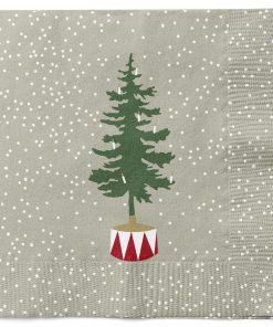 20 styk grønne juleservietter med et dansk julemotiv med et lille juletræ i snevejr