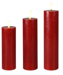 tre røde naturtro led ø5 bloklys i tre højder, 15, 17,5 og 20 centimeter